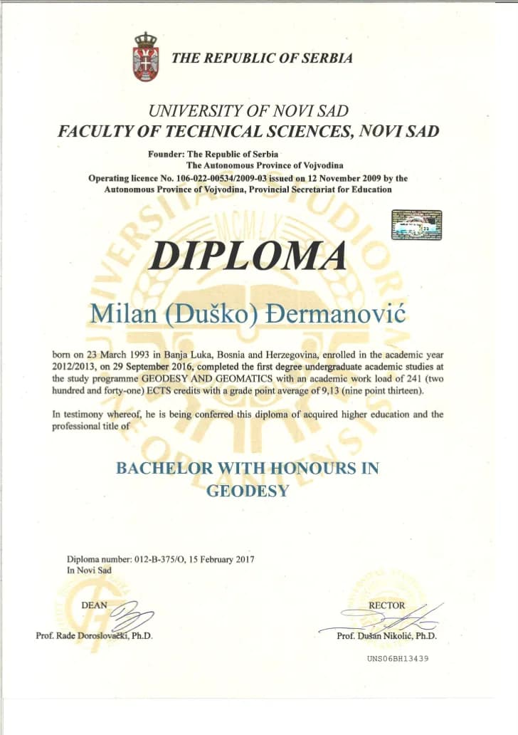 Diploma - Bachelor with Honours in Geodesy, Fakultet tehničkih nauka, Univerzitet u Novom Sadu