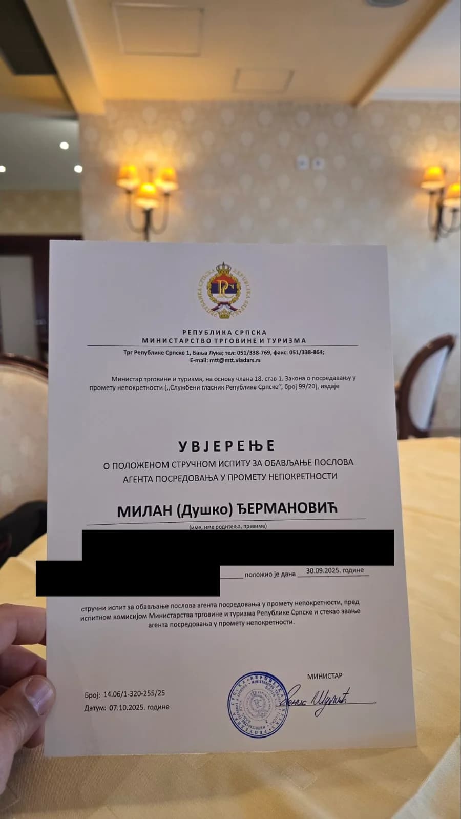 Uvjerenje o položenom stručnom ispitu za agenta posredovanja u prometu nepokretnosti